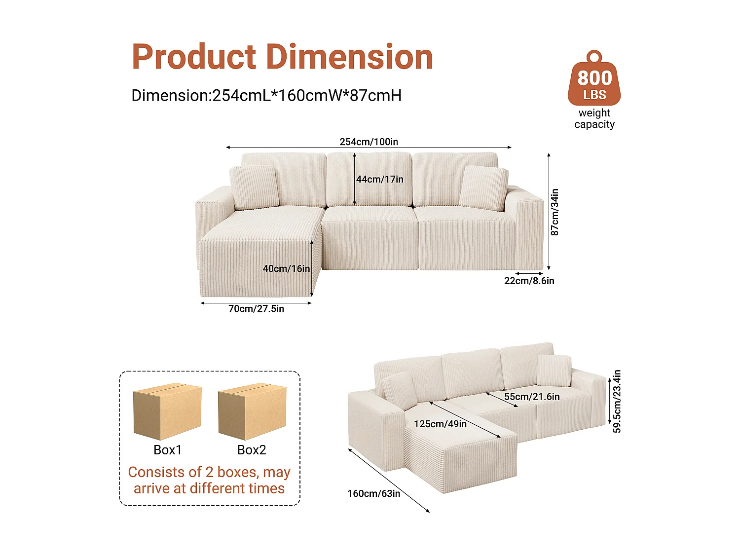 Canapé d'angle gauche modulable 3 places en velour côtelé, avec 2 oreillers, méridienne 70x125cm, Beige