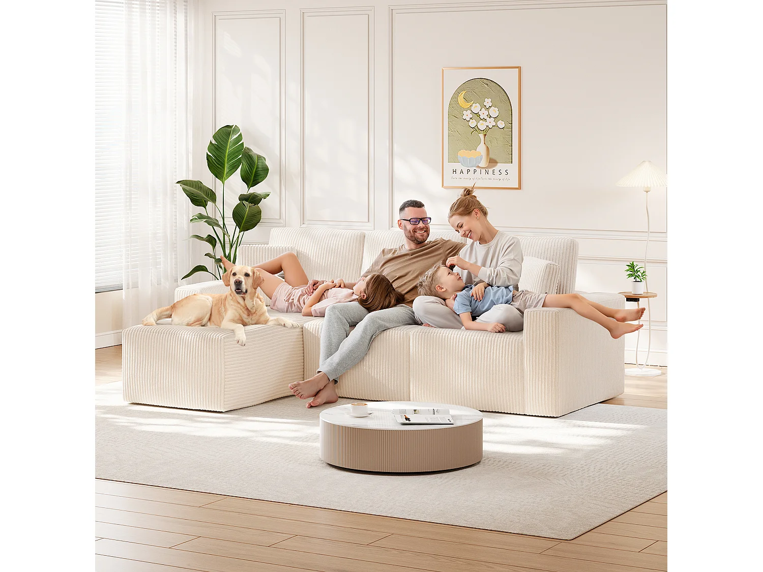 Canapé d'angle gauche modulable 3 places en velour côtelé, avec 2 oreillers, méridienne 70x125cm, Beige