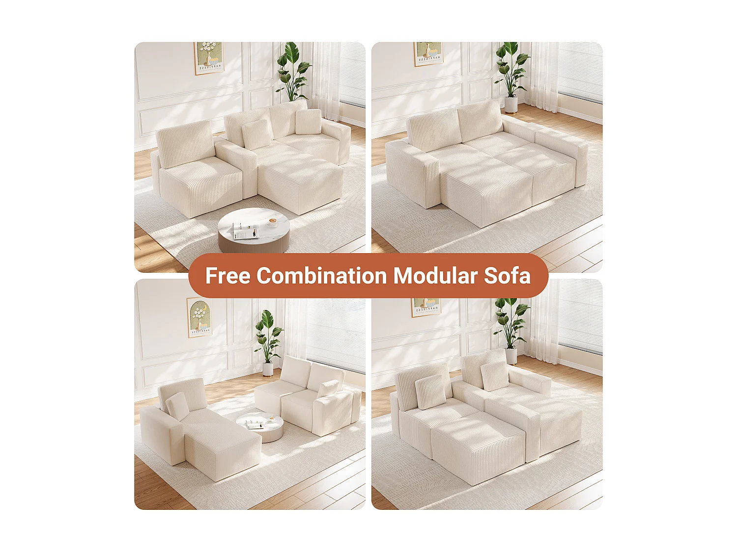 Canapé d'angle gauche modulable 3 places en velour côtelé, avec 2 oreillers, méridienne 70x125cm, Beige