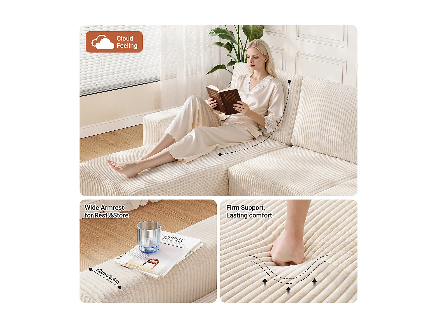 Canapé d'angle gauche modulable 3 places en velour côtelé, avec 2 oreillers, méridienne 70x125cm, Beige