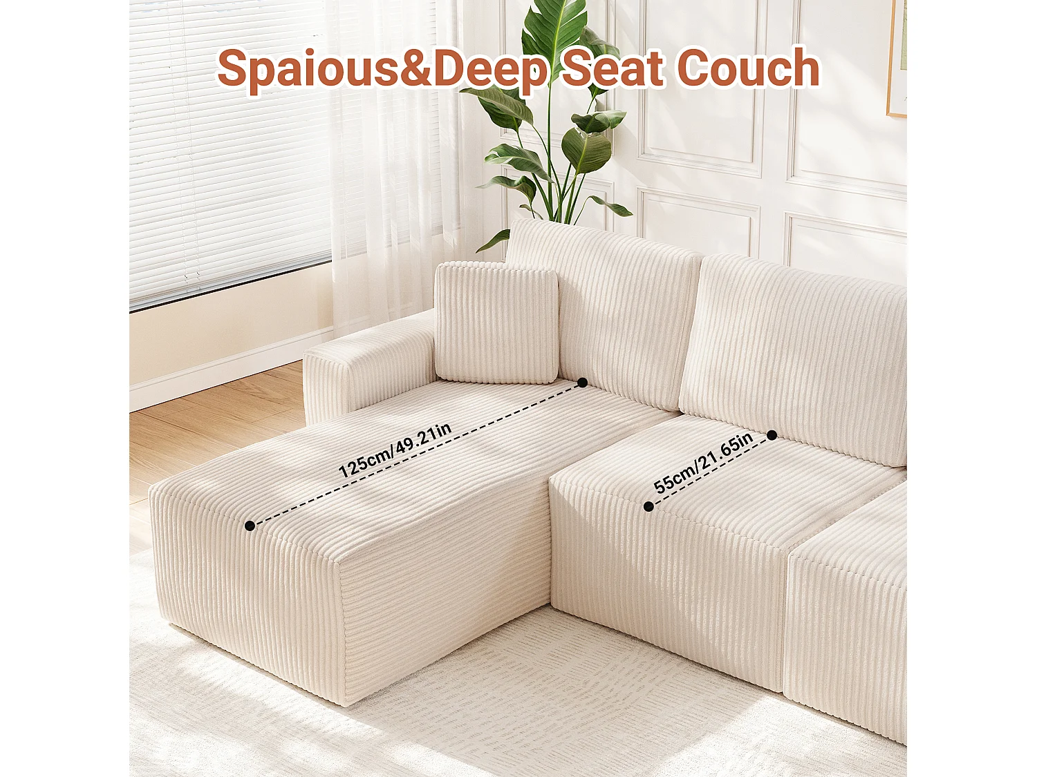 Canapé d'angle gauche modulable 3 places en velour côtelé, avec 2 oreillers, méridienne 70x125cm, Beige