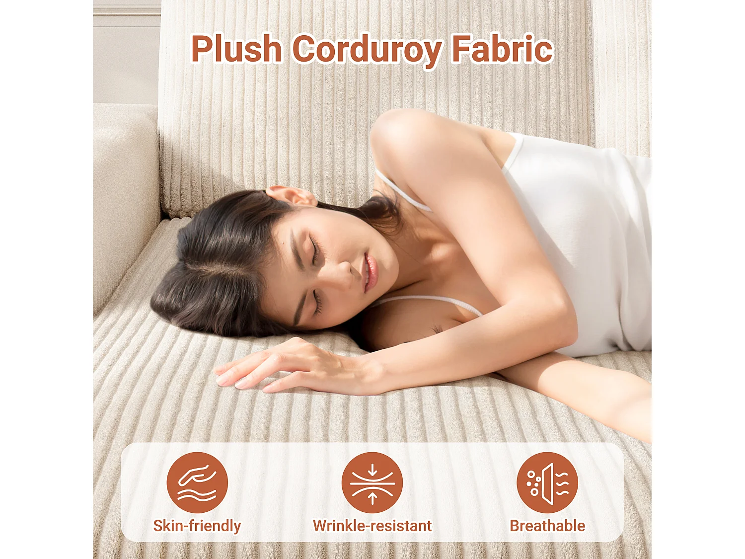 Canapé d'angle gauche modulable 3 places en velour côtelé, avec 2 oreillers, méridienne 70x125cm, Beige