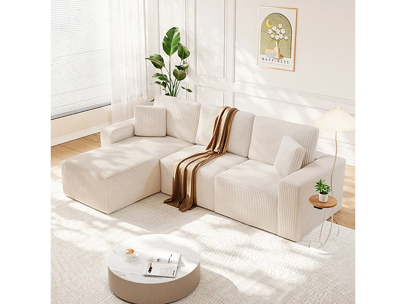 Canapé d'angle gauche modulable 3 places en velour côtelé, avec 2 oreillers, méridienne 70x125cm, Beige