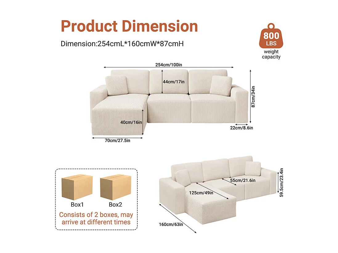 Canapé d'angle gauche modulable 3 places en velour côtelé, avec 2 oreillers, méridienne 70x125cm, Beige