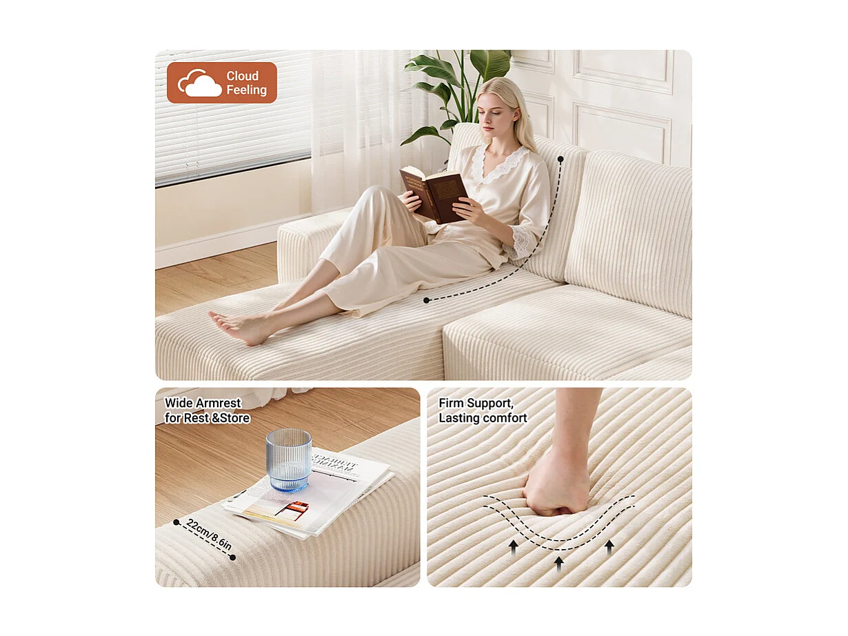 Canapé d'angle gauche modulable 3 places en velour côtelé, avec 2 oreillers, méridienne 70x125cm, Beige