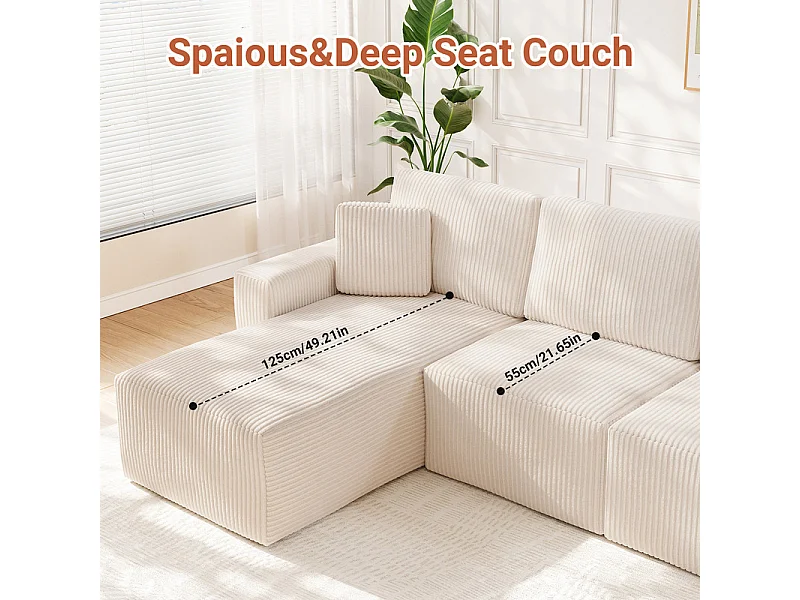 Canapé d'angle gauche modulable 3 places en velour côtelé, avec 2 oreillers, méridienne 70x125cm, Beige