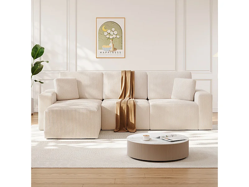 Canapé d'angle gauche modulable 3 places en velour côtelé, avec 2 oreillers, méridienne 70x125cm, Beige