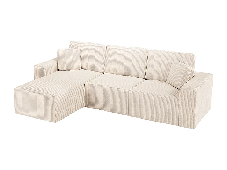 Canapé d'angle gauche modulable 3 places en velour côtelé, avec 2 oreillers, méridienne 70x125cm, Beige