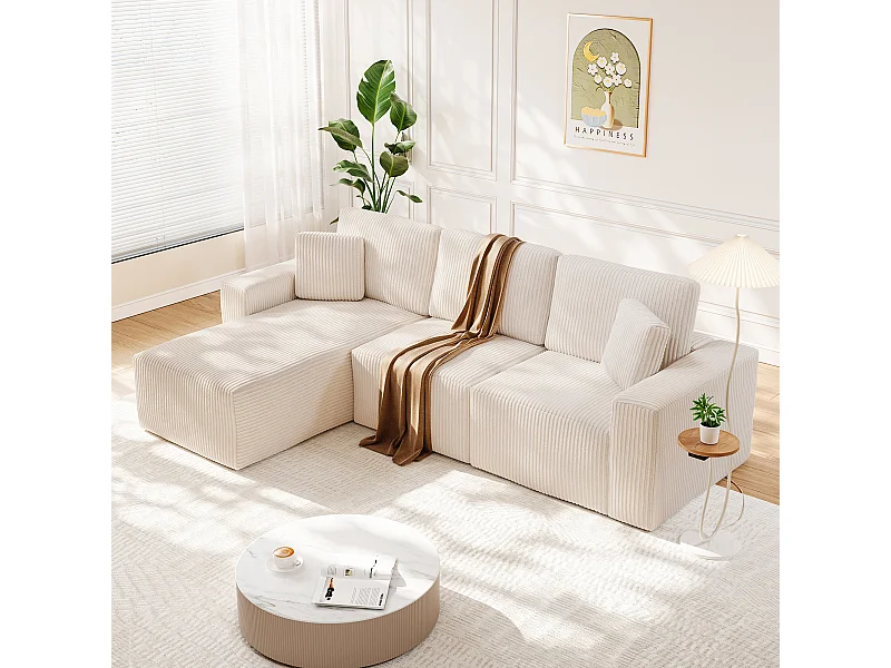 Canapé d'angle gauche modulable 3 places en velour côtelé, avec 2 oreillers, méridienne 70x125cm, Beige