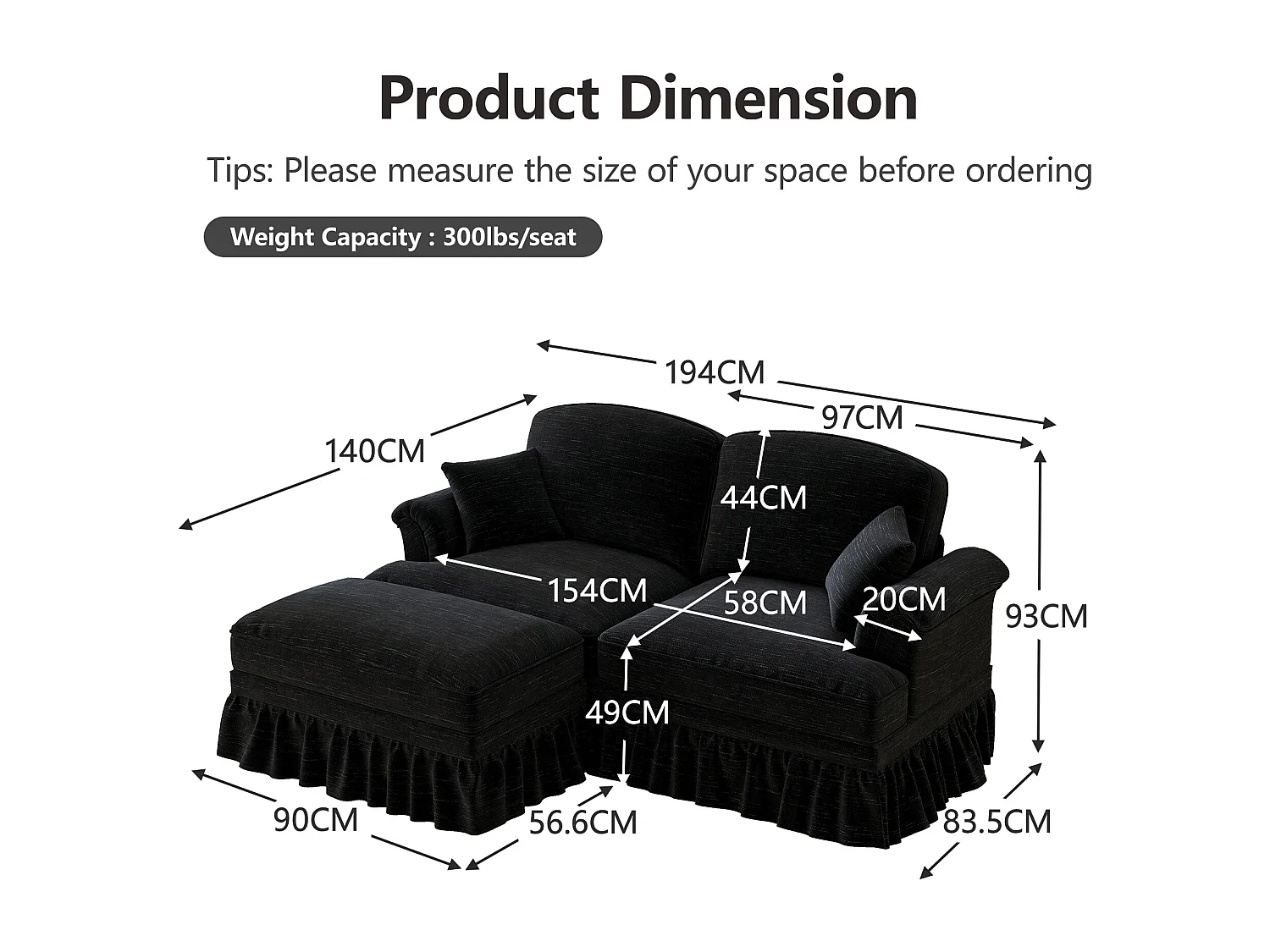 Chesterfield bank 2-zits in chenille zwart - met poef en 2 kussens - afneembare ruche - 194x140x93cm
