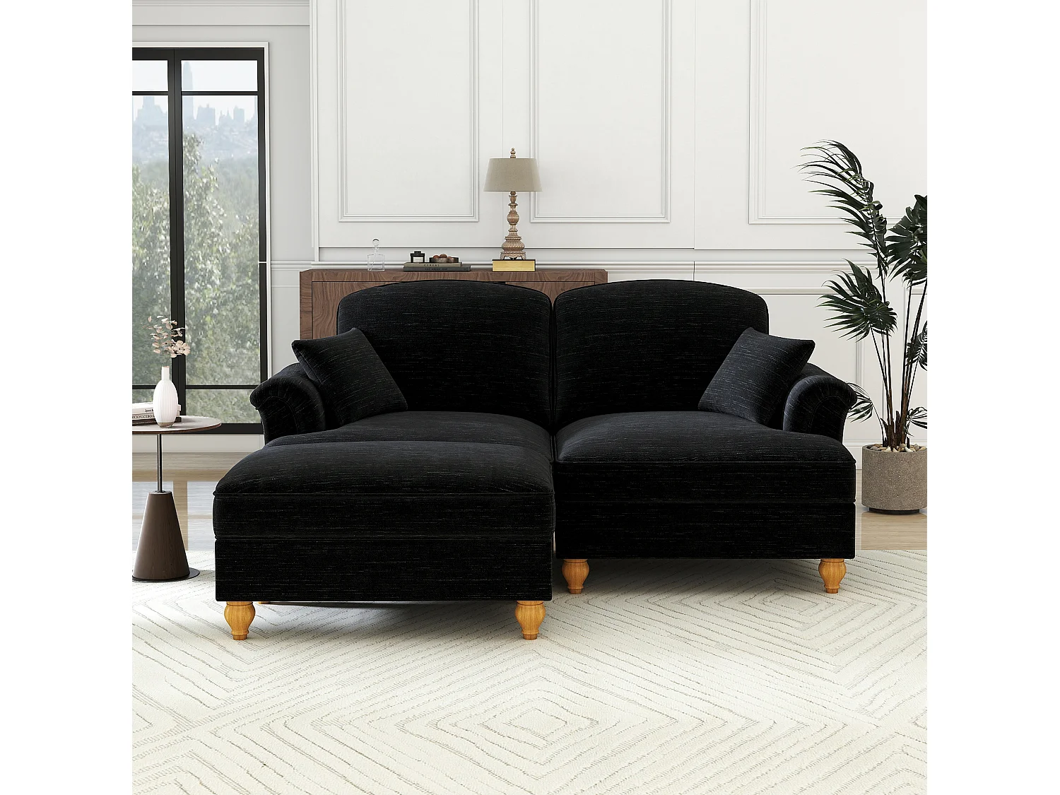 Chesterfield bank 2-zits in chenille zwart - met poef en 2 kussens - afneembare ruche - 194x140x93cm