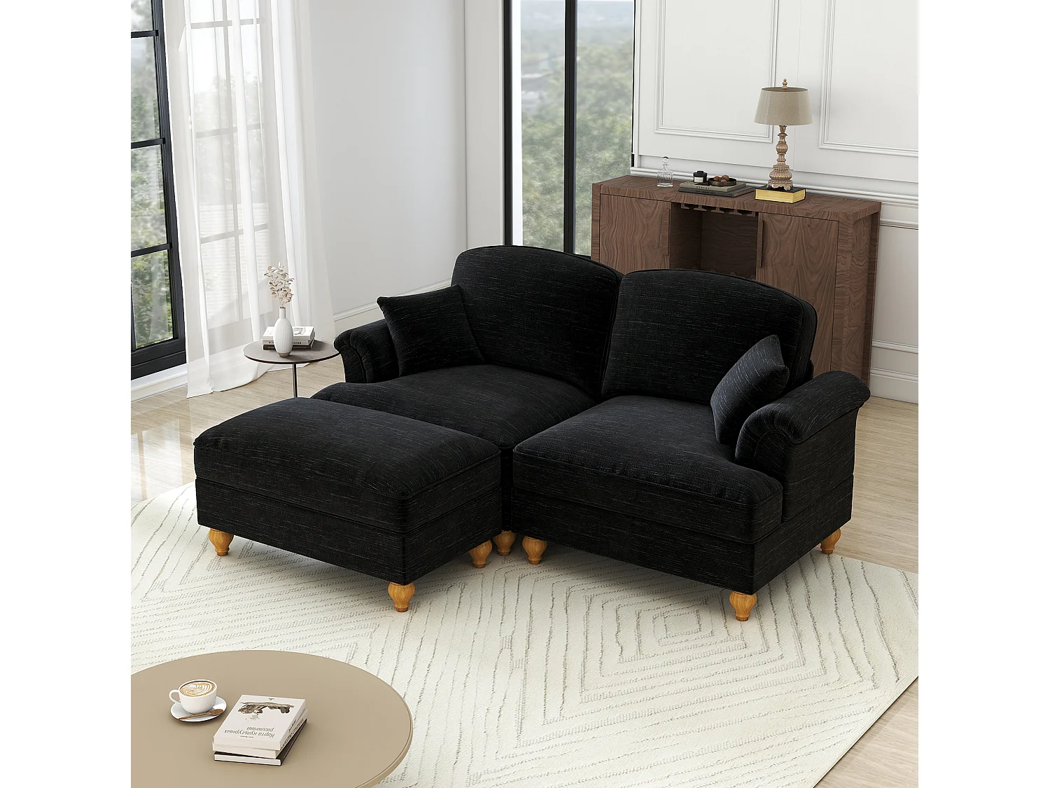 Chesterfield bank 2-zits in chenille zwart - met poef en 2 kussens - afneembare ruche - 194x140x93cm