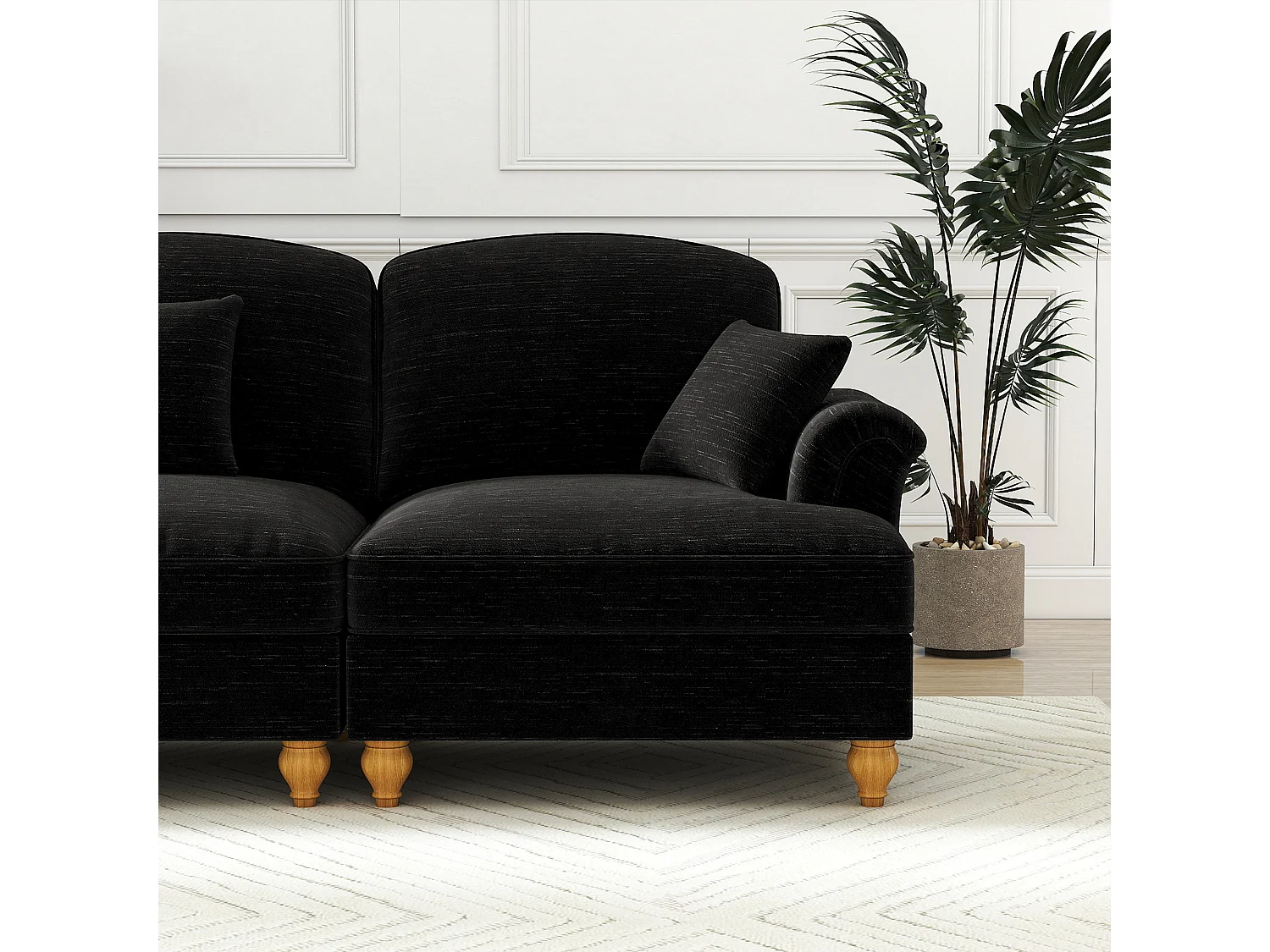 Chesterfield bank 2-zits in chenille zwart - met poef en 2 kussens - afneembare ruche - 194x140x93cm