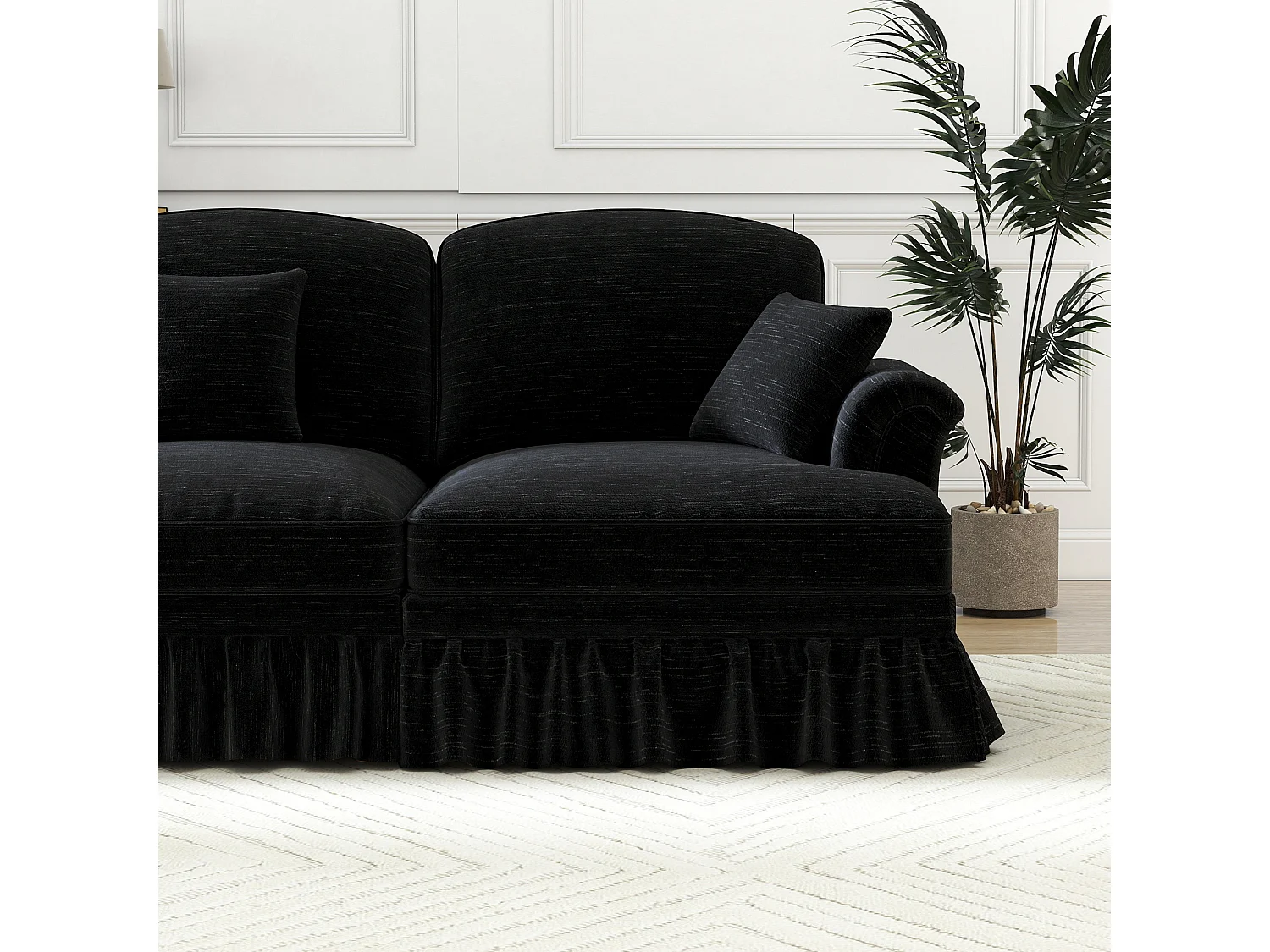 Chesterfield bank 2-zits in chenille zwart - met poef en 2 kussens - afneembare ruche - 194x140x93cm