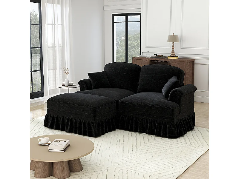 Chesterfield bank 2-zits in chenille zwart - met poef en 2 kussens - afneembare ruche - 194x140x93cm