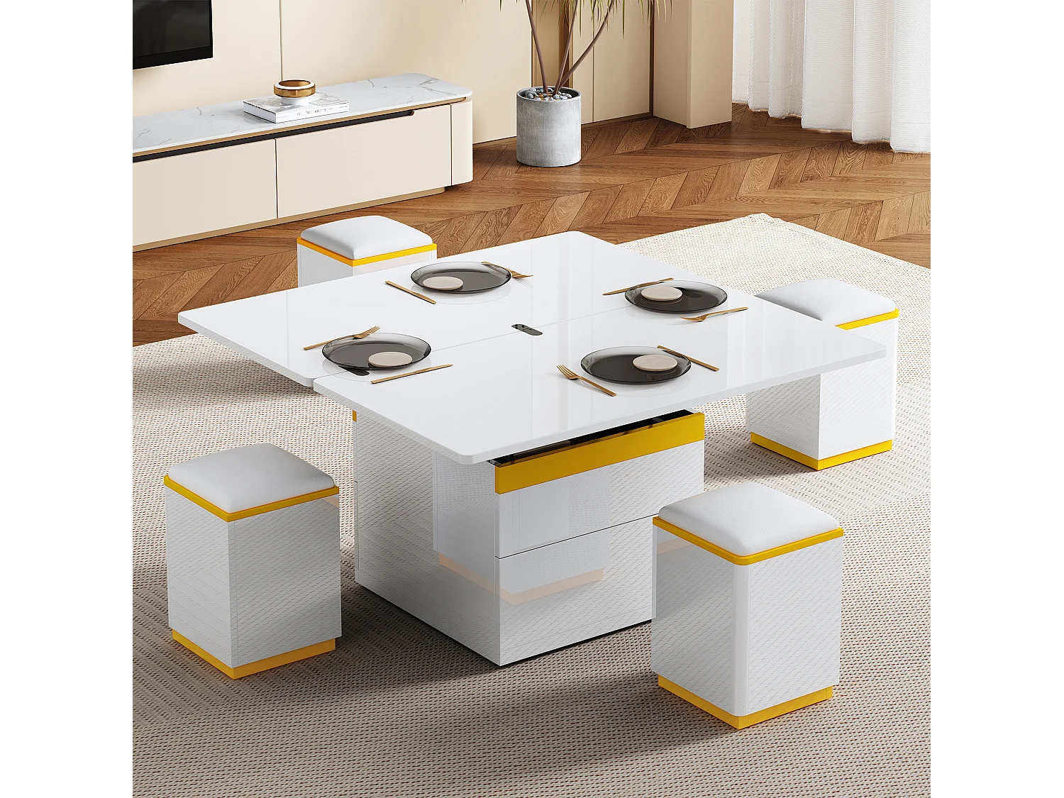 Nowoczesny stolik kawowy regulowany 100x50x43cm - z 4 taborecikami do przechowywania - 1 szuflada - Biały