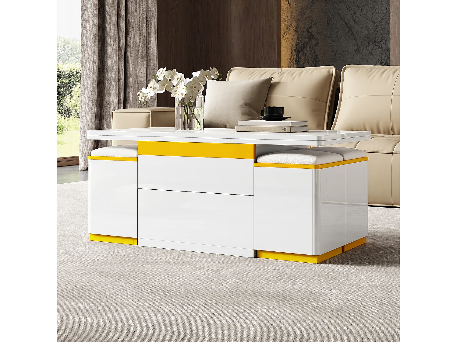 Nowoczesny stolik kawowy regulowany 100x50x43cm - z 4 taborecikami do przechowywania - 1 szuflada - Biały