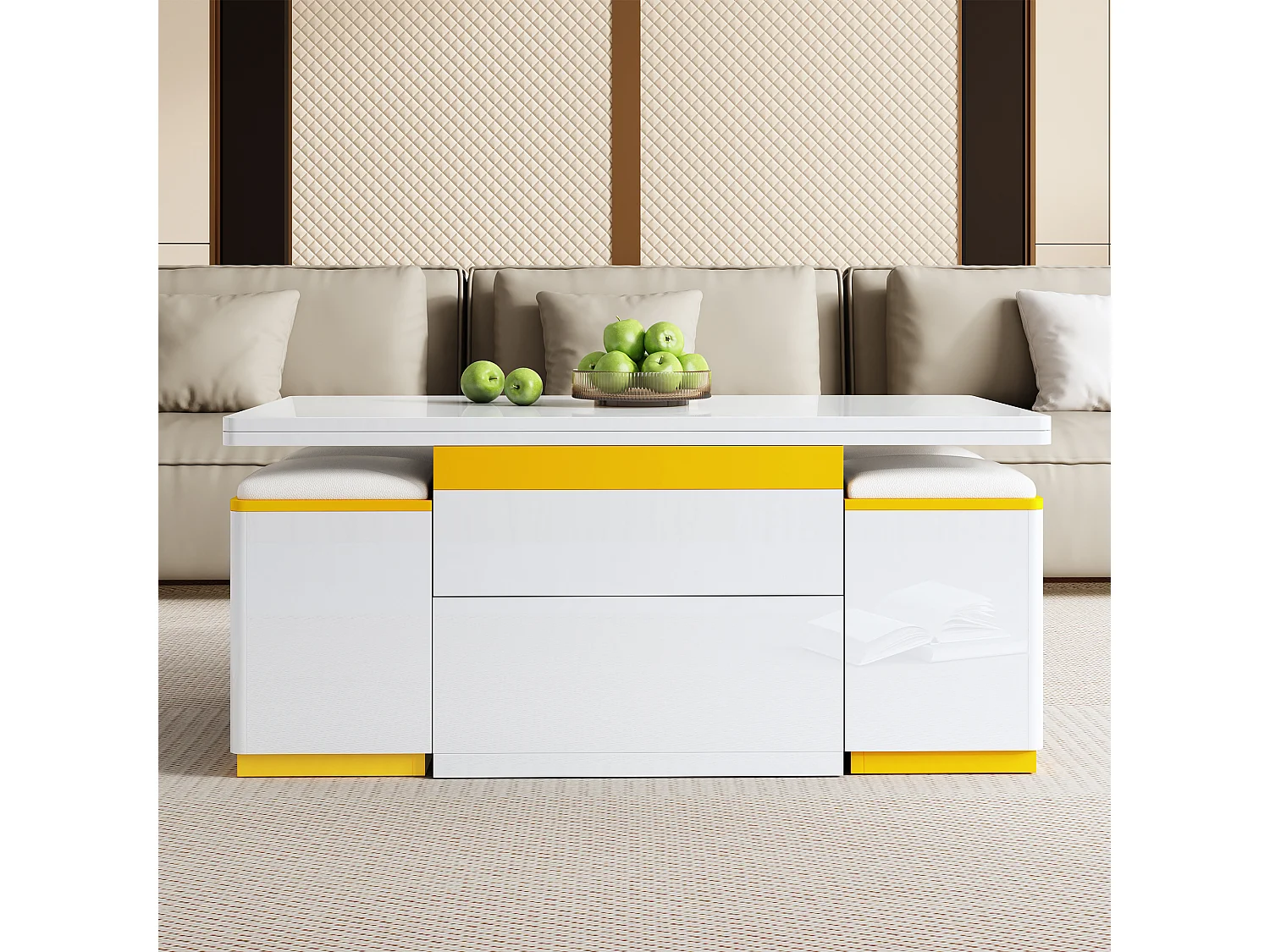 Nowoczesny stolik kawowy regulowany 100x50x43cm - z 4 taborecikami do przechowywania - 1 szuflada - Biały