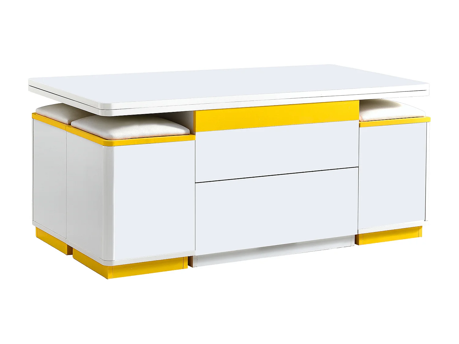 Nowoczesny stolik kawowy regulowany 100x50x43cm - z 4 taborecikami do przechowywania - 1 szuflada - Biały