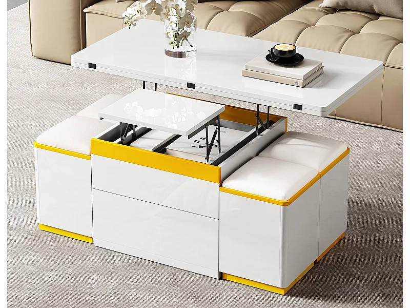 Nowoczesny stolik kawowy regulowany 100x50x43cm - z 4 taborecikami do przechowywania - 1 szuflada - Biały