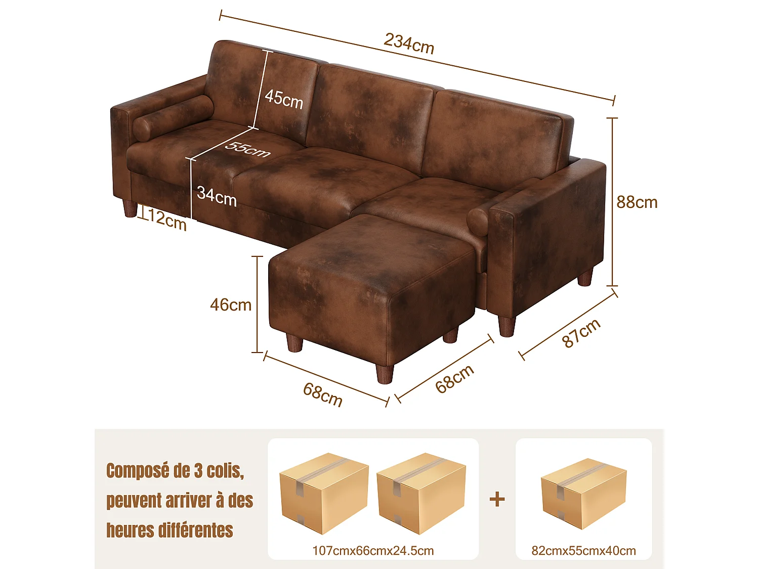 Canapé 3 places en simili, avec pouf et 2 oreillers rond, cadre en bois, 234x155x88cm, Marron