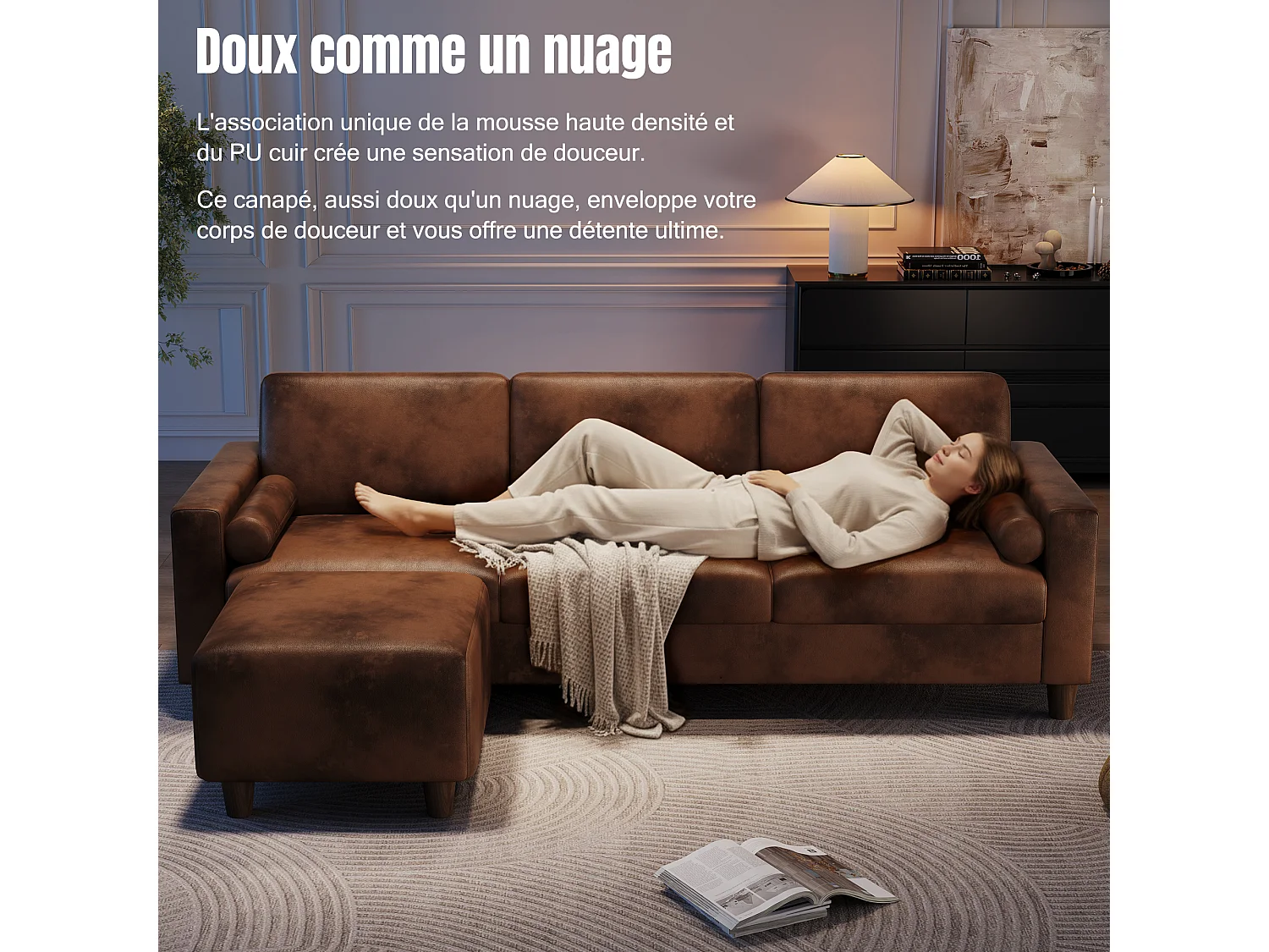 Canapé 3 places en simili, avec pouf et 2 oreillers rond, cadre en bois, 234x155x88cm, Marron