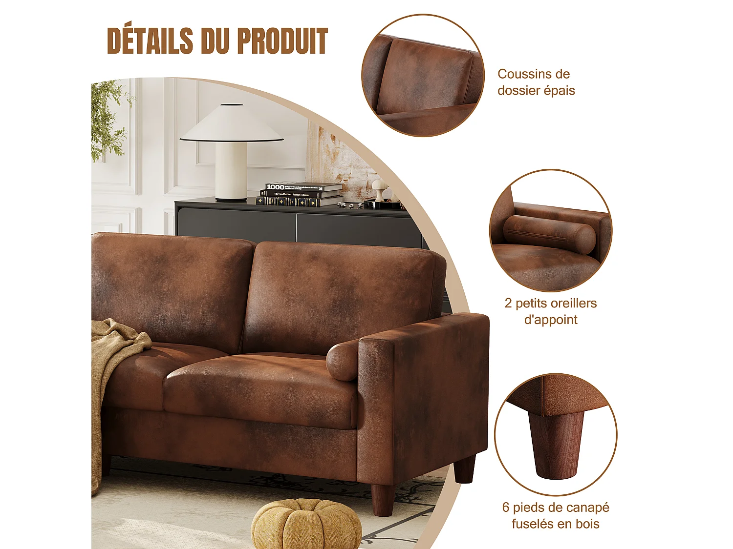 Canapé 3 places en simili, avec pouf et 2 oreillers rond, cadre en bois, 234x155x88cm, Marron