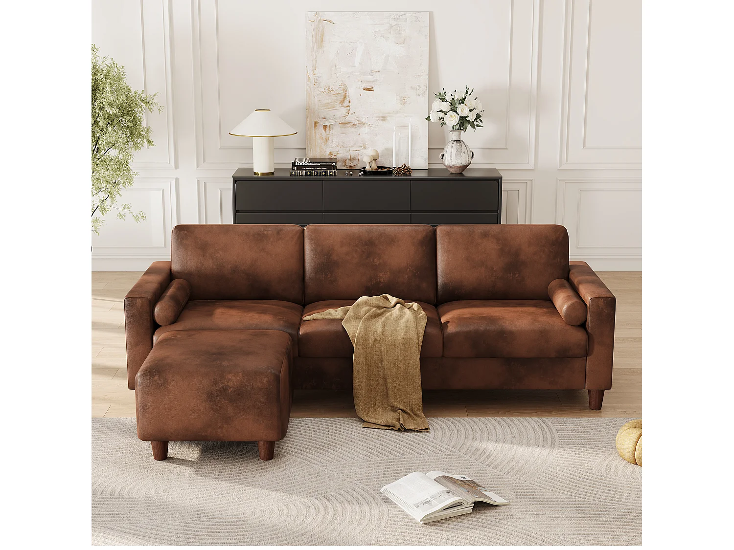 Canapé 3 places en simili, avec pouf et 2 oreillers rond, cadre en bois, 234x155x88cm, Marron