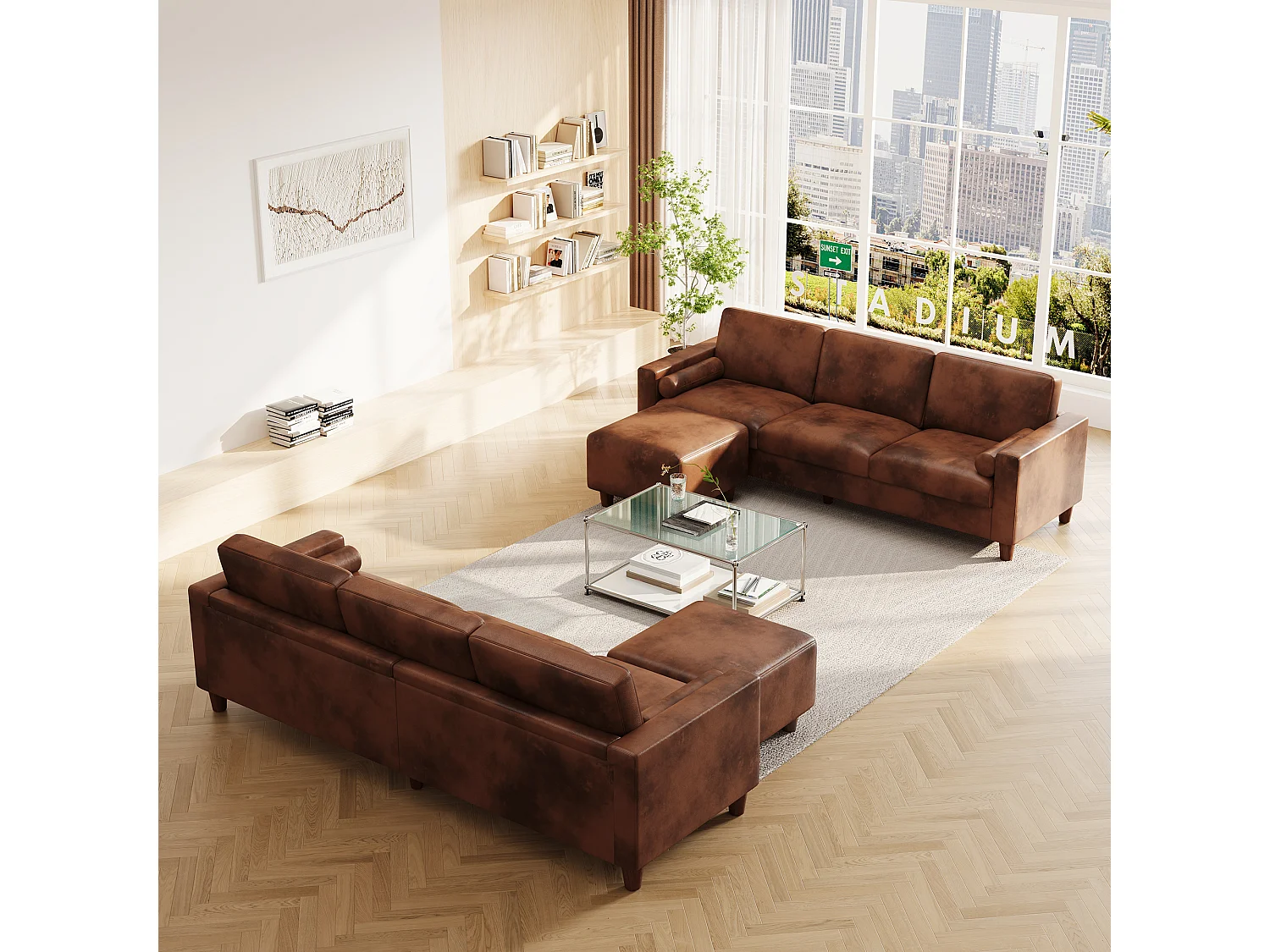 Canapé 3 places en simili, avec pouf et 2 oreillers rond, cadre en bois, 234x155x88cm, Marron