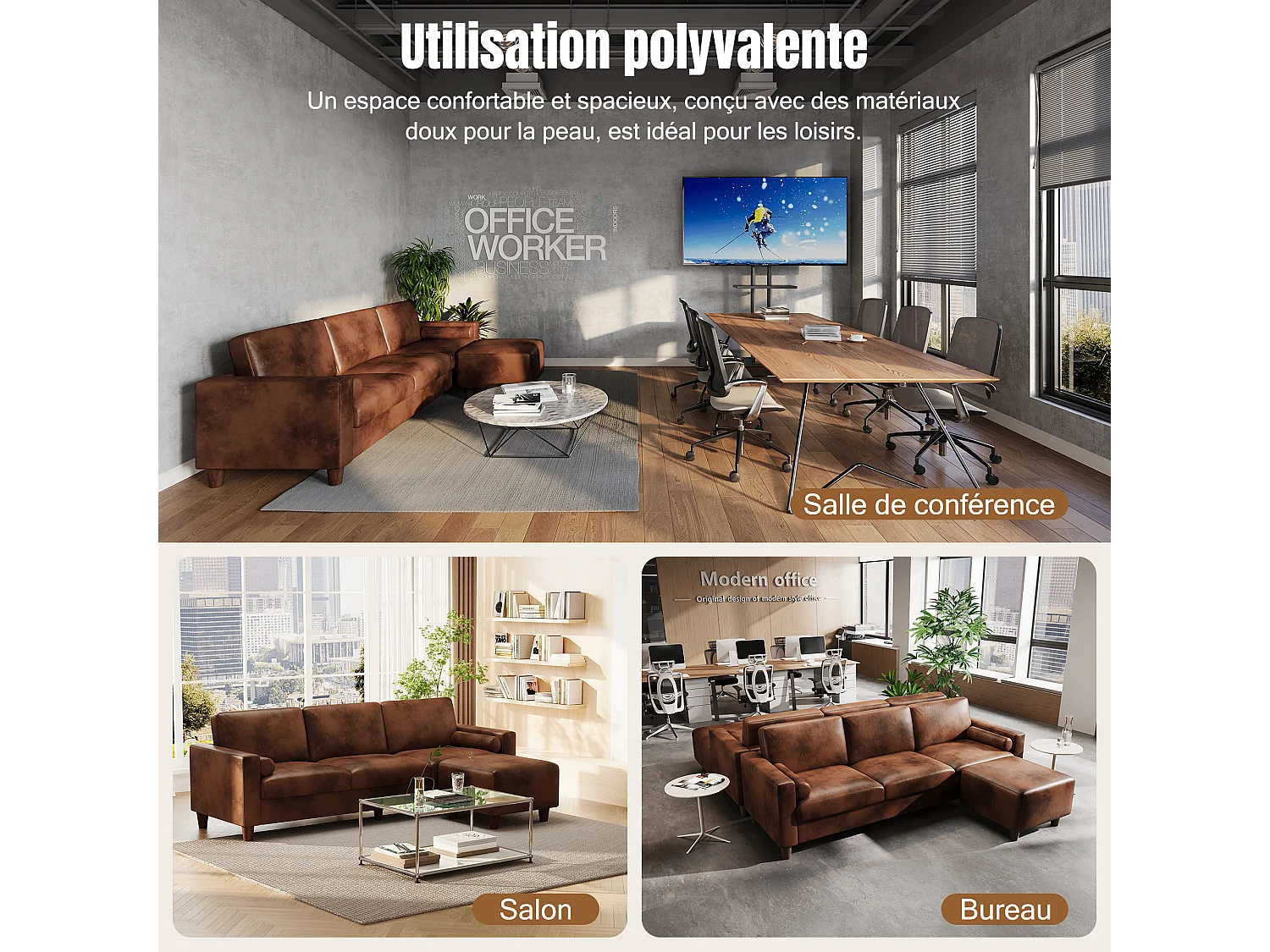 Canapé 3 places en simili, avec pouf et 2 oreillers rond, cadre en bois, 234x155x88cm, Marron