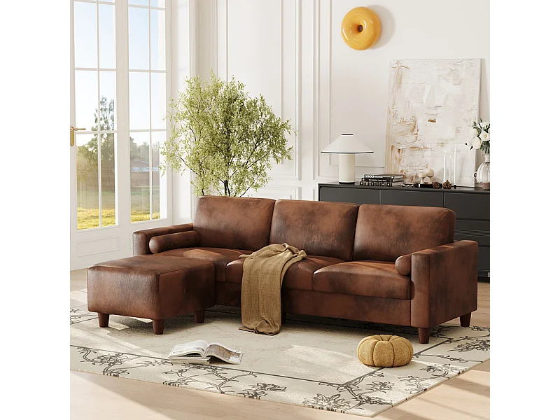 3-personers sofa i kunstlæder, med pouf og 2 runde hovedpuder, træramme, 234x155x88cm, Brun
