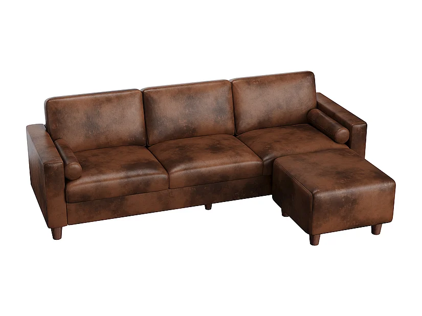 3-personers sofa i kunstlæder, med pouf og 2 runde hovedpuder, træramme, 234x155x88cm, Brun