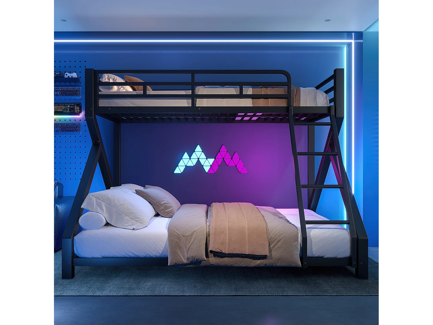 Łóżko piętrowe 90x200cm + 140x200cm - konstrukcja stalowa - z LED - z barierkami bezpieczeństwa i drabiną - czarny (materac nie jest wliczony w cenę)