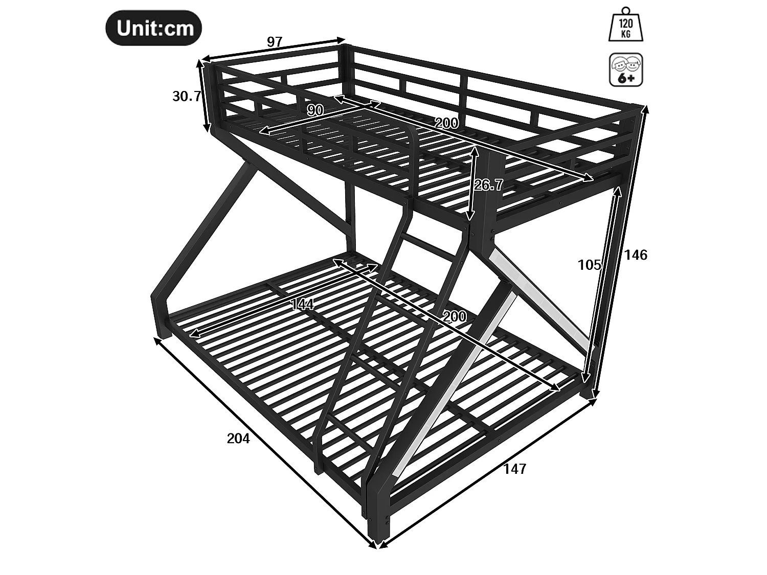 Łóżko piętrowe 90x200cm + 140x200cm - konstrukcja stalowa - z LED - z barierkami bezpieczeństwa i drabiną - czarny (materac nie jest wliczony w cenę)