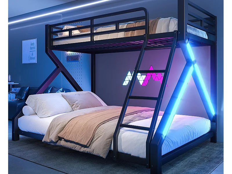 Stapelbed 90x200cm + 140x200cm - stalen constructie - met LED - met veiligheidshekken en ladder - zwart (matras niet inbegrepen)