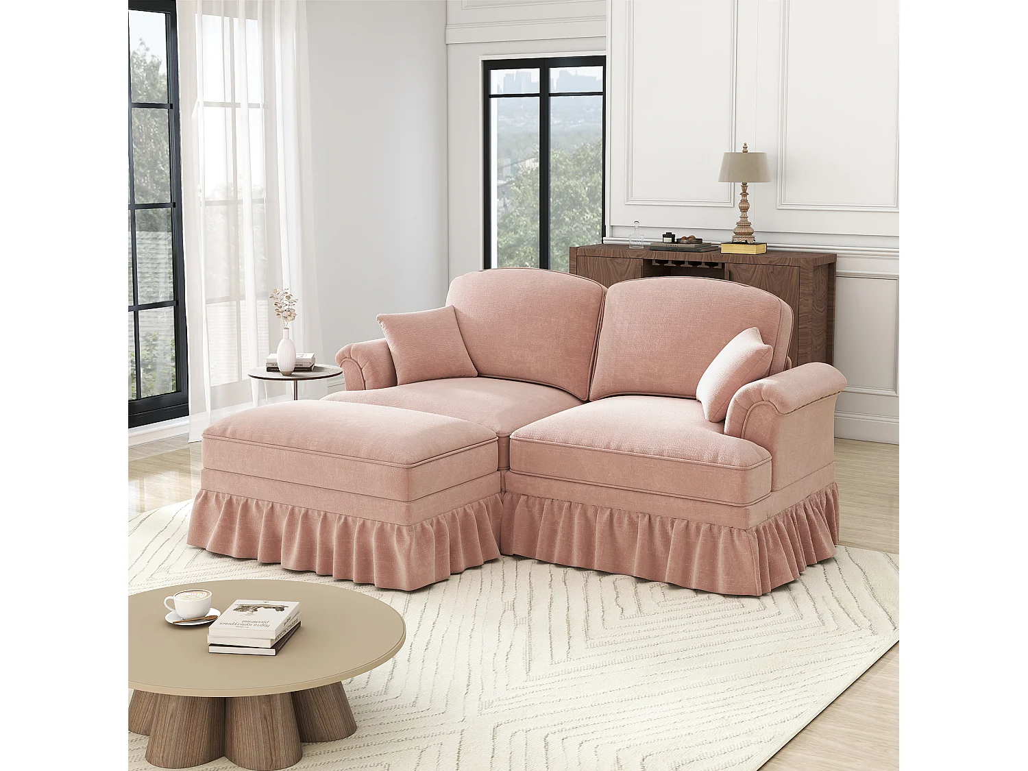 Canapé 2 places chesterfield en chenille rose - avec pouf et 2 oreillers - cantonnière amovible - 194x140x93cm