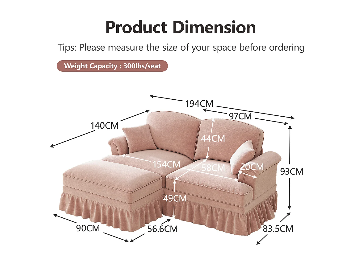 Canapé 2 places chesterfield en chenille rose - avec pouf et 2 oreillers - cantonnière amovible - 194x140x93cm