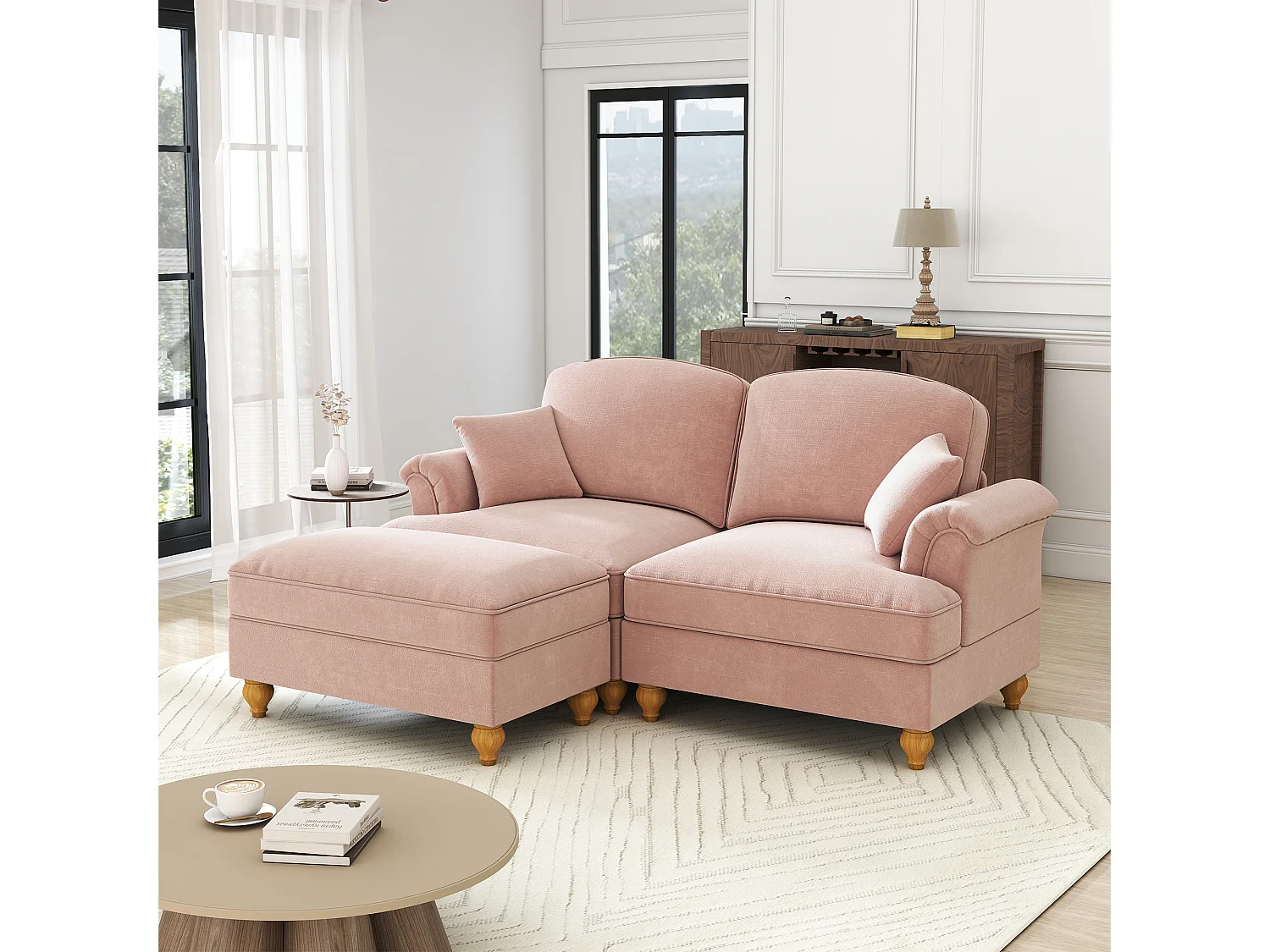 Canapé 2 places chesterfield en chenille rose - avec pouf et 2 oreillers - cantonnière amovible - 194x140x93cm