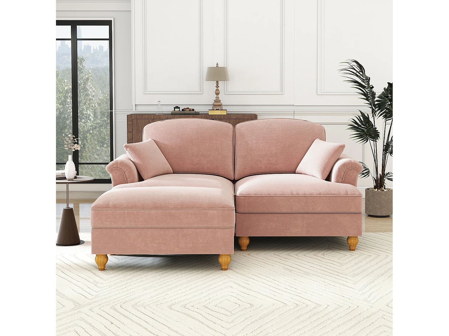 Canapé 2 places chesterfield en chenille rose - avec pouf et 2 oreillers - cantonnière amovible - 194x140x93cm