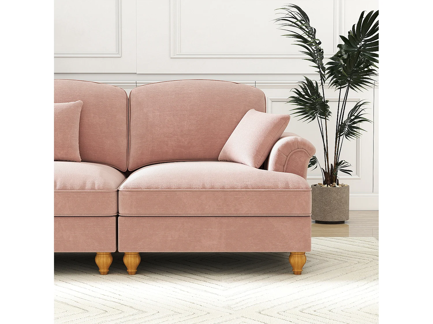 Canapé 2 places chesterfield en chenille rose - avec pouf et 2 oreillers - cantonnière amovible - 194x140x93cm