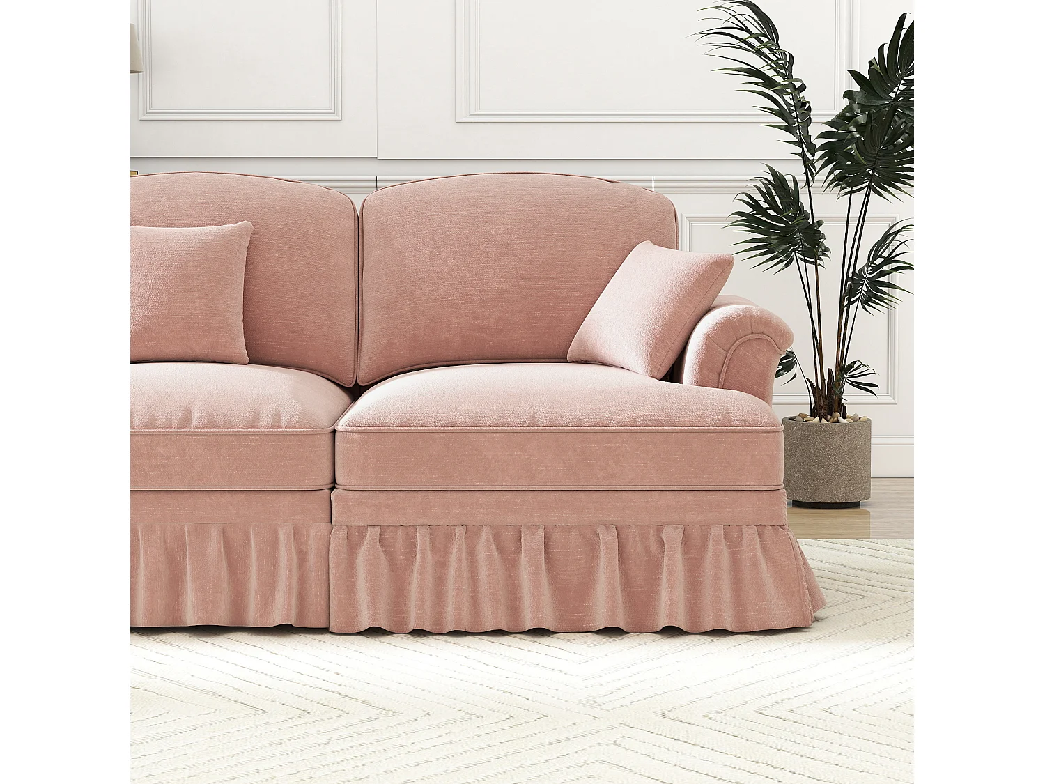 Canapé 2 places chesterfield en chenille rose - avec pouf et 2 oreillers - cantonnière amovible - 194x140x93cm