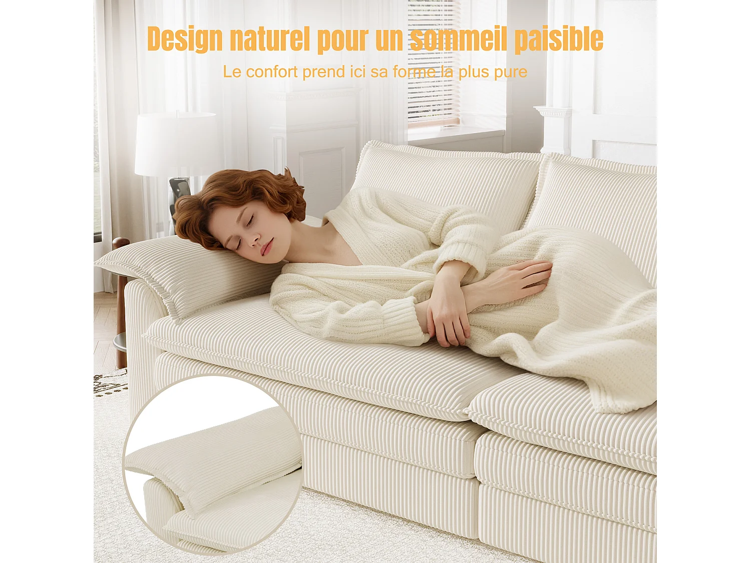 Canapé 3 places en velour côtelé, avec 2 oreillers d'accoudoir, amovible et lavable, 265x86x88cm, Gris