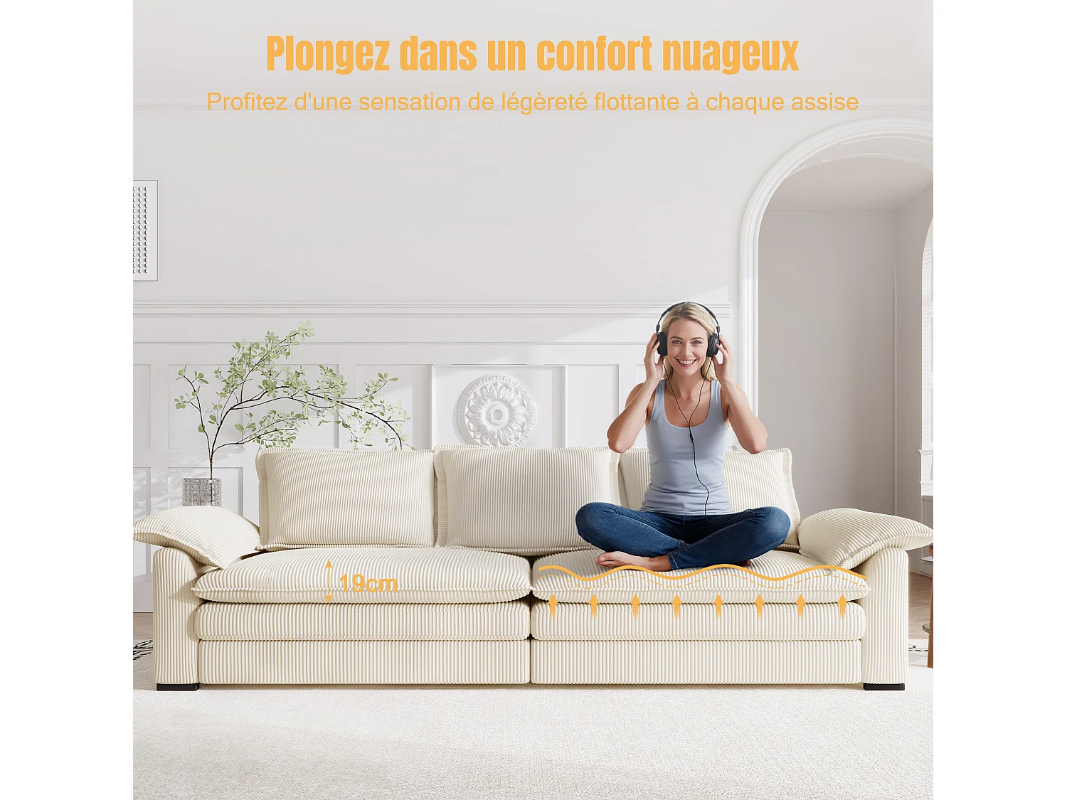 Canapé 3 places en velour côtelé, avec 2 oreillers d'accoudoir, amovible et lavable, 265x86x88cm, Gris