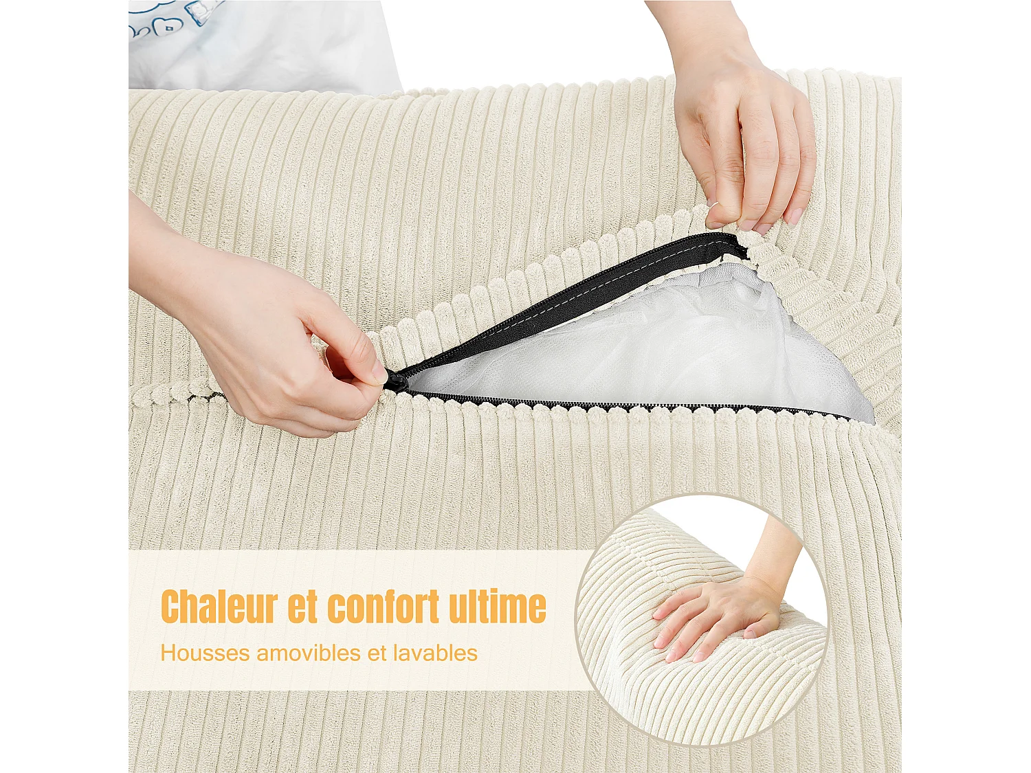 Canapé 3 places en velour côtelé, avec 2 oreillers d'accoudoir, amovible et lavable, 265x86x88cm, Gris