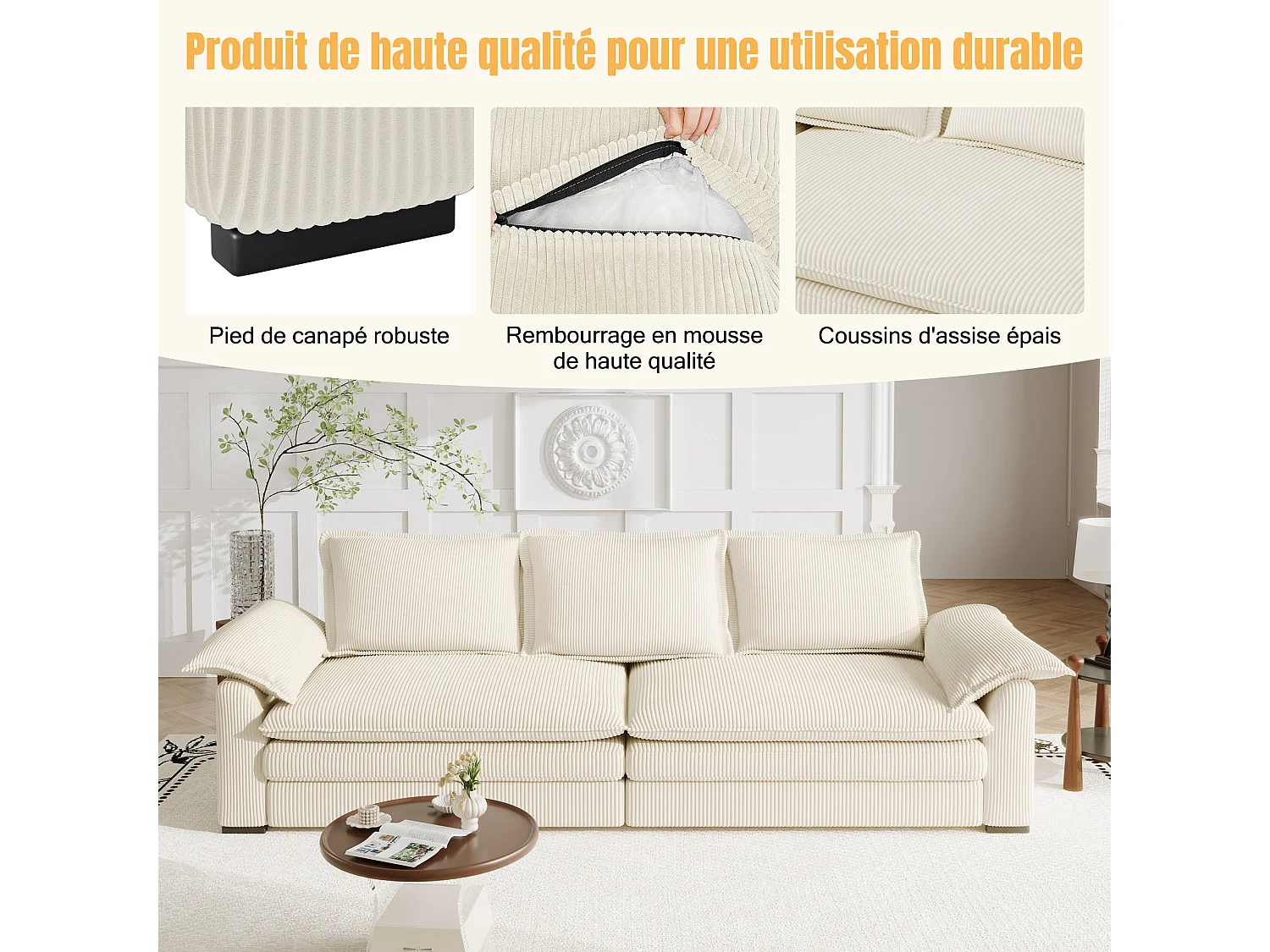 Canapé 3 places en velour côtelé, avec 2 oreillers d'accoudoir, amovible et lavable, 265x86x88cm, Gris