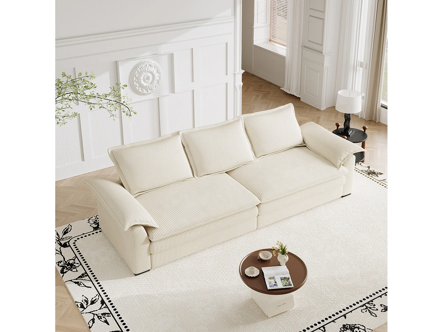 Canapé 3 places en velour côtelé, avec 2 oreillers d'accoudoir, amovible et lavable, 265x86x88cm, Gris