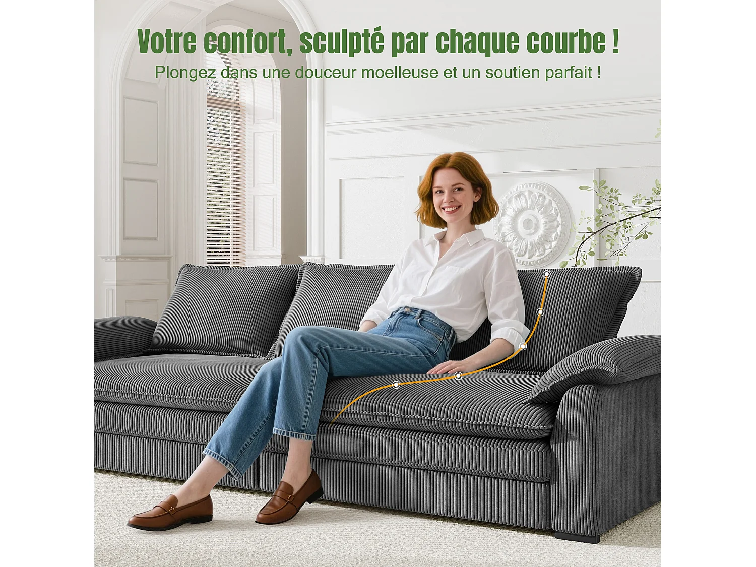 Sofa 3-sitzig in Rippvelours, mit 2 Armlehnkissen, abnehmbar und waschbar, 265x86x88cm, Grau