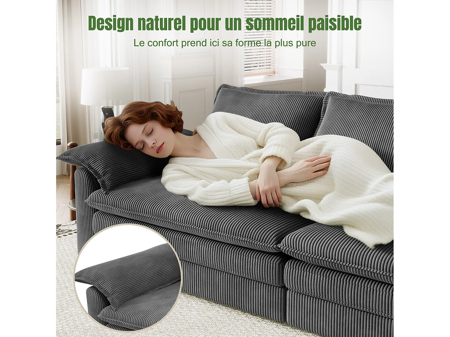 Sofa 3-sitzig in Rippvelours, mit 2 Armlehnkissen, abnehmbar und waschbar, 265x86x88cm, Grau