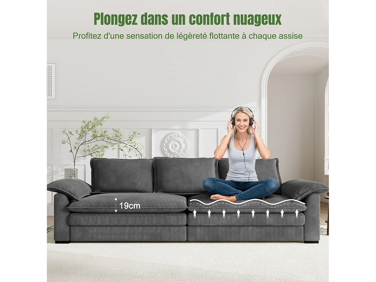 Sofa 3-sitzig in Rippvelours, mit 2 Armlehnkissen, abnehmbar und waschbar, 265x86x88cm, Grau