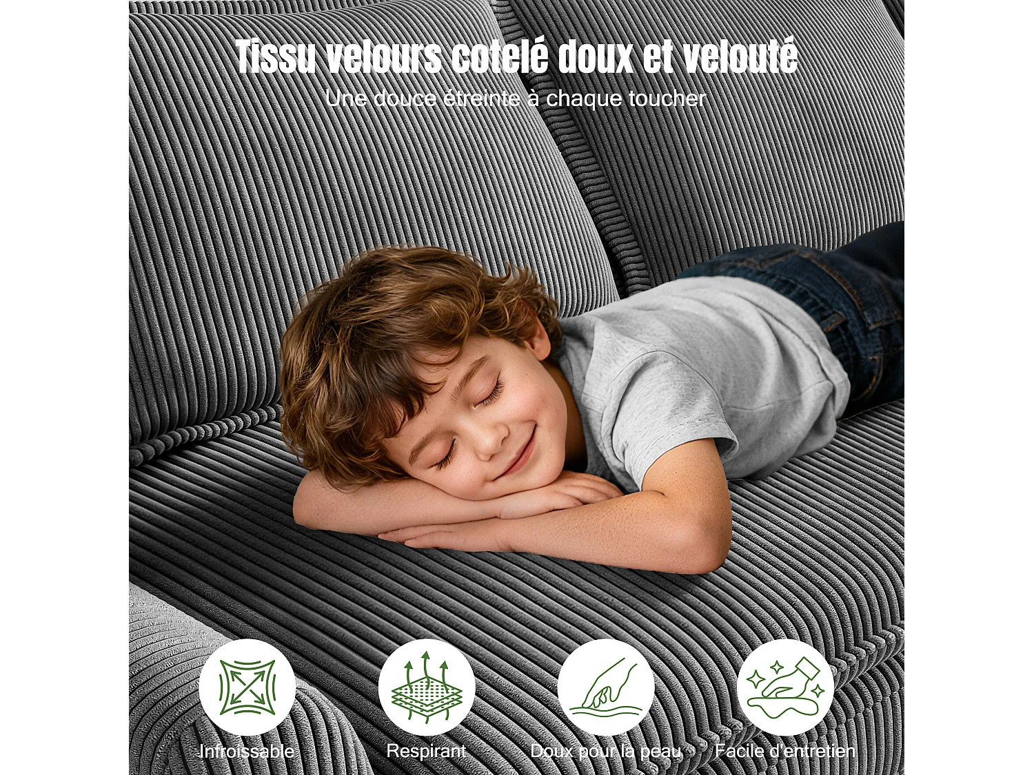 Sofa 3-sitzig in Rippvelours, mit 2 Armlehnkissen, abnehmbar und waschbar, 265x86x88cm, Grau